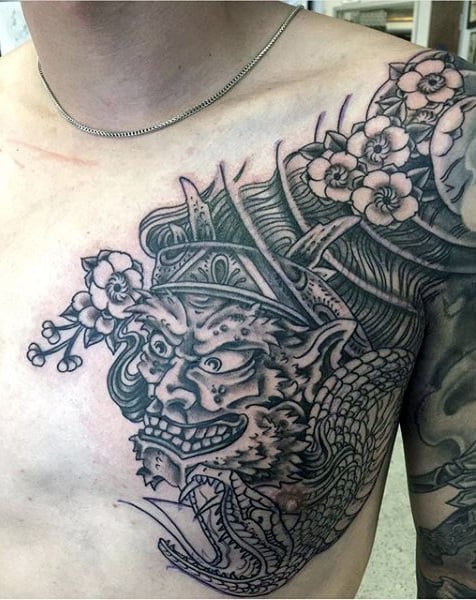 Mens Chest Black And Grey Chinese Dragon Tattoo