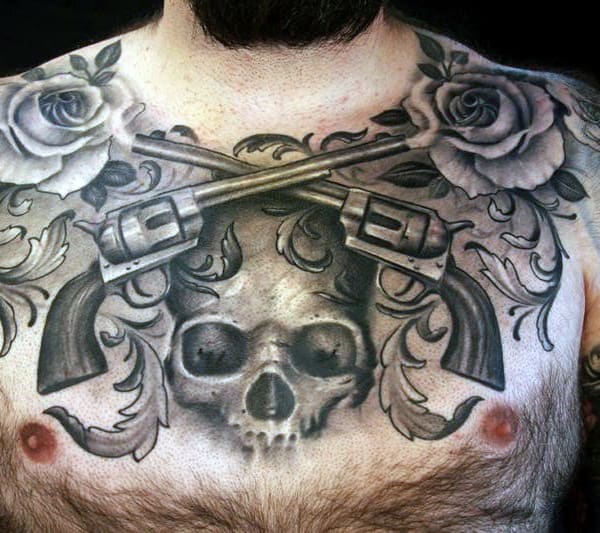 Mens Chest Black And Grey Tattoo Of Revolvers Skull And Rose Tattoo