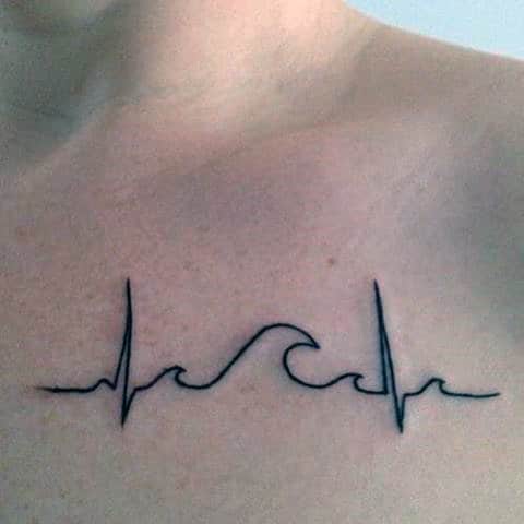 Mens Chest Black Ink Heartbeat Tattoo