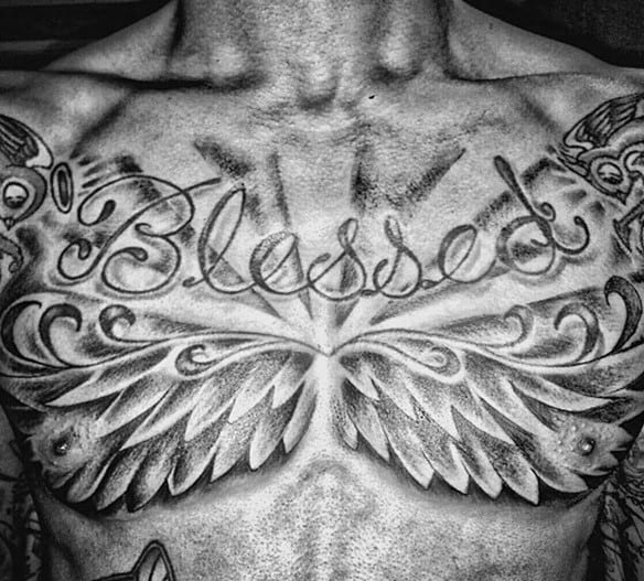 Mens Chest Blessed Tattoo Ideas With Angel Wings