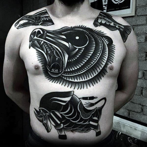 Mens Chest Boar Tattoo With Cool Old School Traditional Black Ink Design