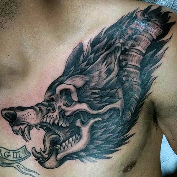 Mens Chest Ferocious Beast Black And Grey Tattoo