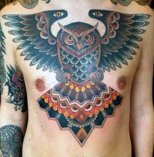 Mens Chest Flying Owl Traditional Tattoo