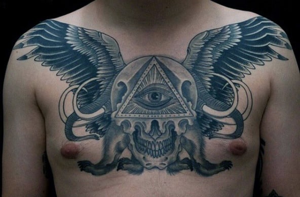 Mens Chest Grey Winged Illuminati Tattoo