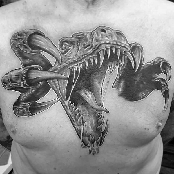Mens Chest Long Clawed Wrathful Dinosaur Tattoo