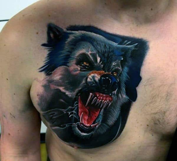 Mens Chest Raging Red Tongued Werewolf Tattoo