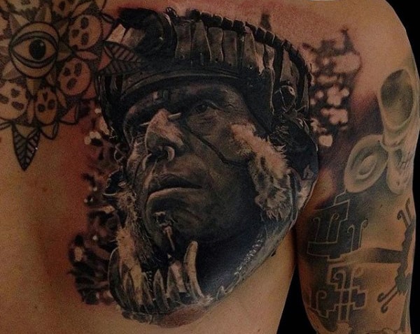 Mens Chest Realistic Aztec Warrior Tattoo
