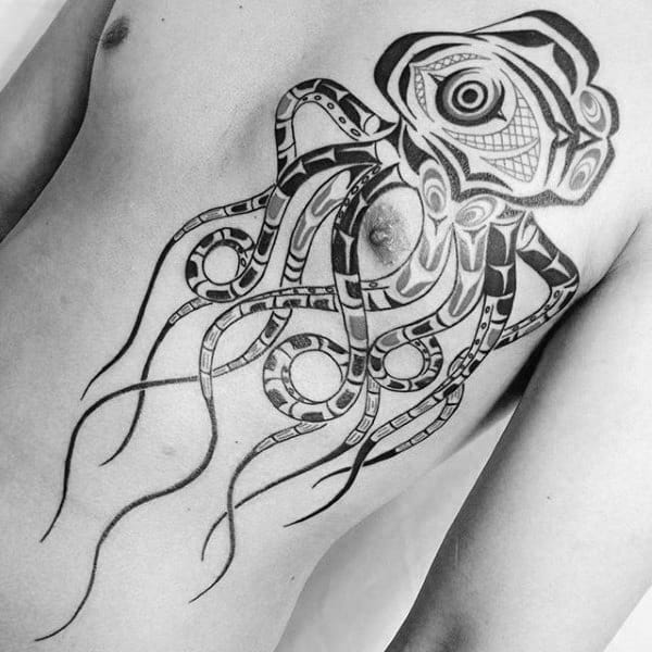 Mens Chest Squiggly Haida Octopus Tattoo