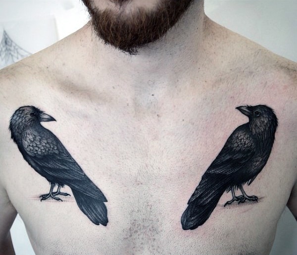 Mens Chest Tattoo Of Beautiful Pair Of Ravens