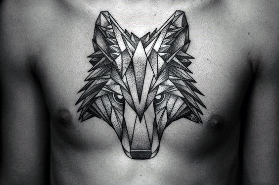 Mens Chest Tattoo Of Geometrical Dotwork Wolf