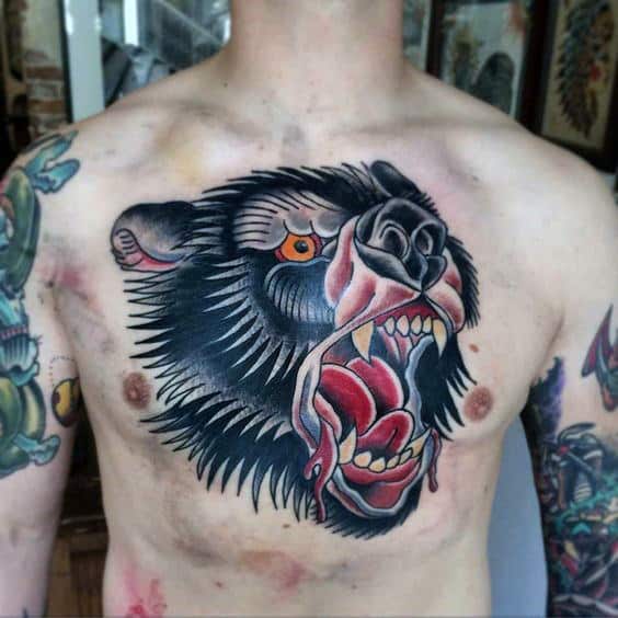 Mens Chest Tattoo Of Traditional Roaring Black Bear