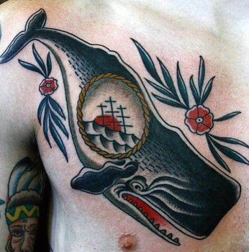 Mens Chest Tattoo With Whale And Sinking Ship Design