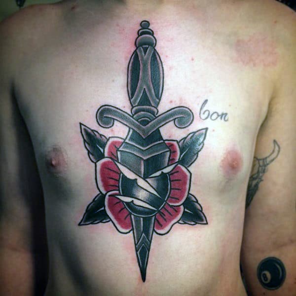 Mens Chest Traditional Rose Old School Dagger Tattoos
