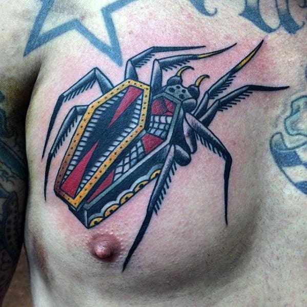 mens-chest-traditional-spider-coffin-tattoo-designs