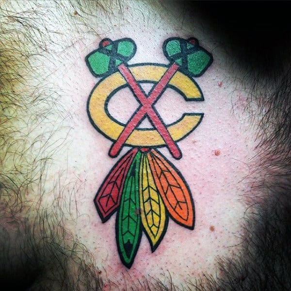 Mens Chicago Blackhawks Tomahawk And Feathers Chest Tattoos