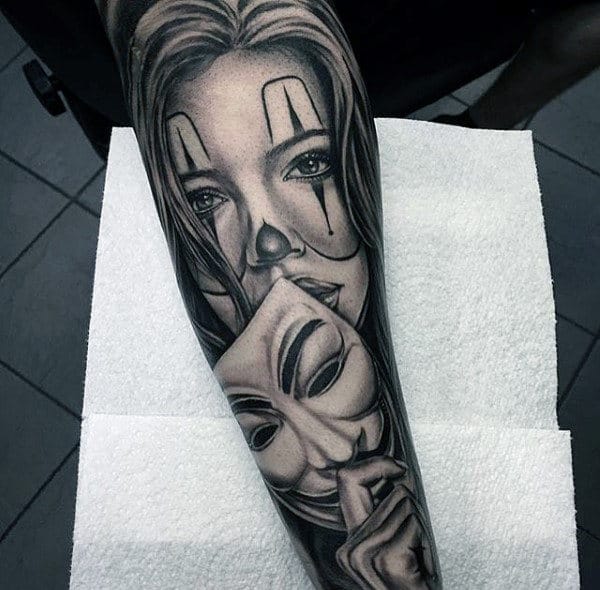 Mens Chicano Tattoo Of Female With Mask On Leg