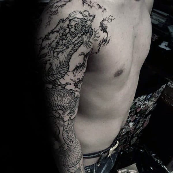 Mens Chinese Dragon Black Ink Outline Full Sleeve Tattoo Design Inspiration