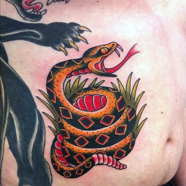 Mens Coiled Rattlesnake Traditional Stomach Tattoos