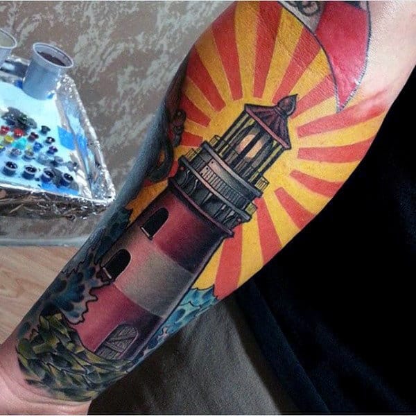 Mens Colorful Awesome Lighthouse Sleeve Tattoo On Forearm