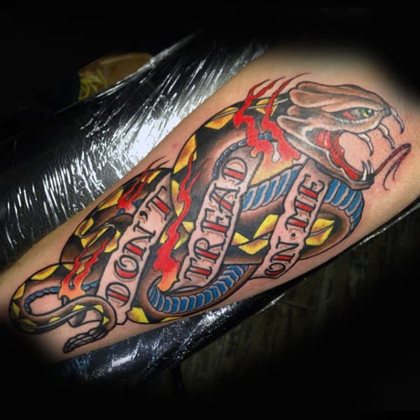 Mens Colorful Dont Tread On Me Text And Snake Shin Piece Tattoo