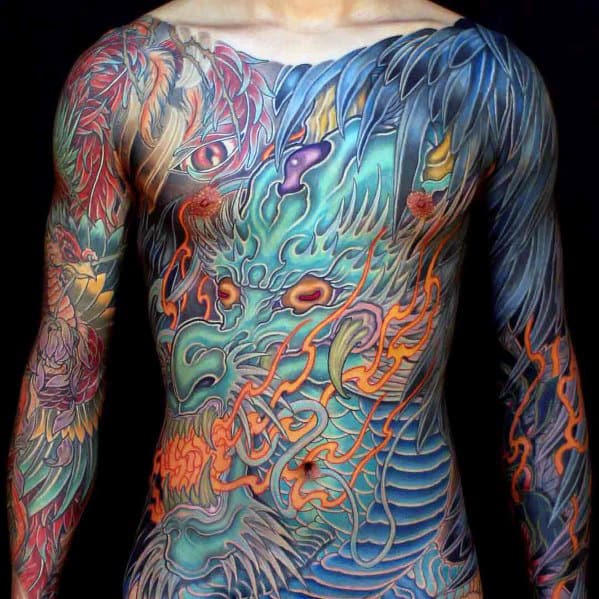 Mens Colorful Dragon Full Chest Tattoo Design Ideas