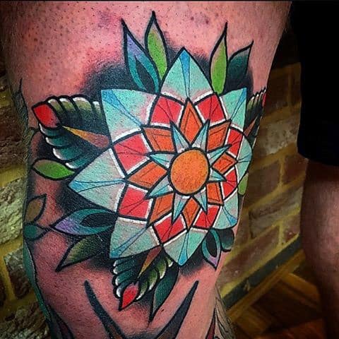 Mens Colorful Knee Floral Tattoo Design Inspiration