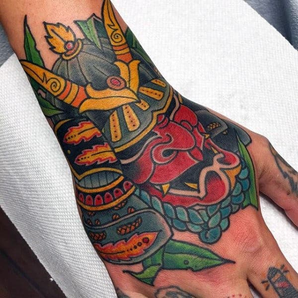 mens-colorful-modern-samurai-mask-hand-tattoo