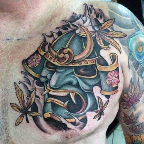 mens-colorful-samurai-mask-chest-piece-tattoo