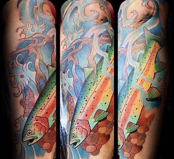 Mens Colorful Swimming Trout Outer Forearm Tattoo