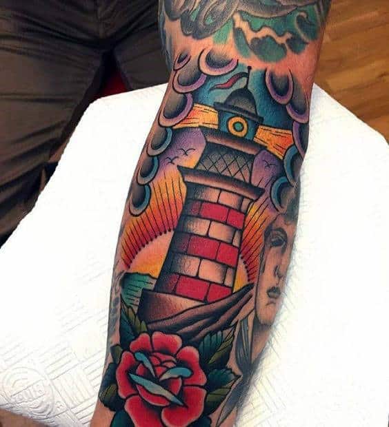 Mens Colorful Traditional Lighthouse Sleeve Tattoos