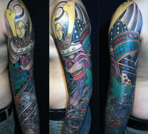 Mens Colorful Traditional Old Samurai Mask And Skull Full Sleeve Tattoo
