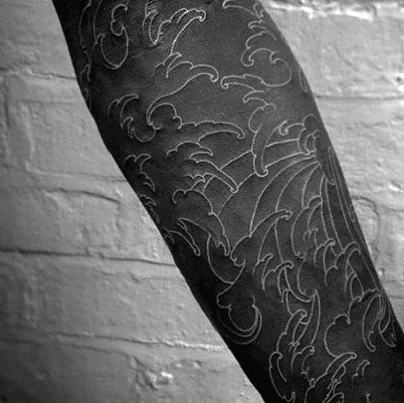 Mens Cool Blackout Sleeve White Ink Japanese Waves Tattoo Ideas