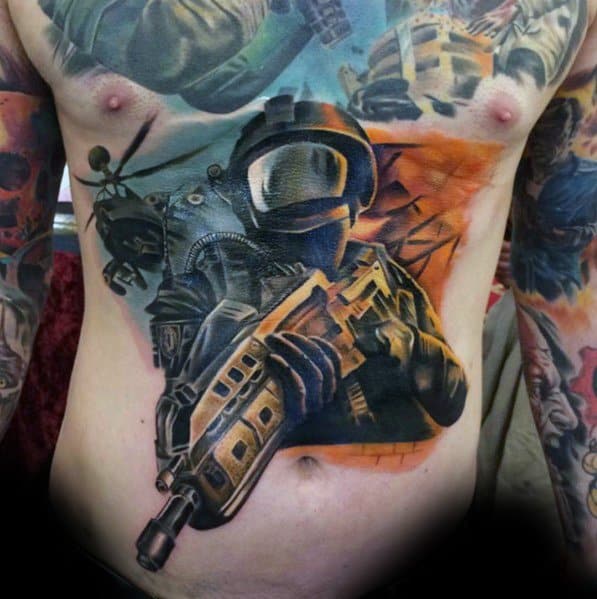 Mens Cool Call Of Duty Tattoos On Stomach And Chest