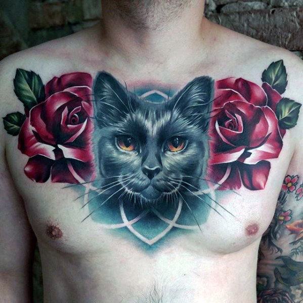 Mens Cool Cat 3d Chest Rose Flower Tattoos