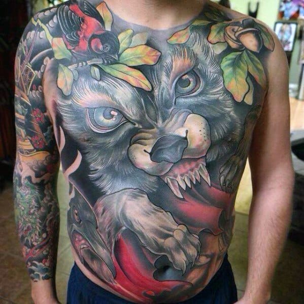 Mens Cool Epic Wolf Full Chest Tattoo Ideas