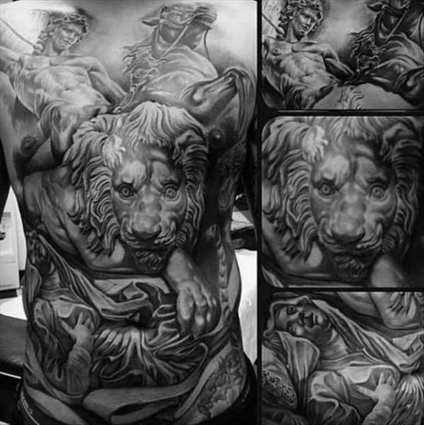Mens Cool Lion Statue Full Back 3d Tattoo Ideas