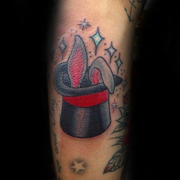 Mens Cool Magician Rabbit Inside Of Hat Trick Forearm Tattoo Ideas