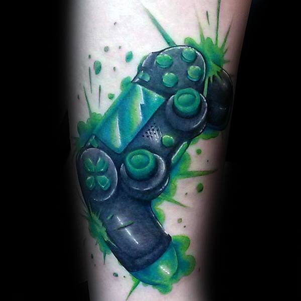 Mens Cool Playstation Irish Themed Controller With Green Ink Forearm Tattoo Ideas