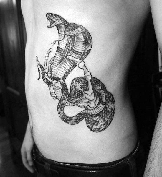 Mens Cool Rib Cage Side Skeleton Hand Two Headed Snake Tattoos