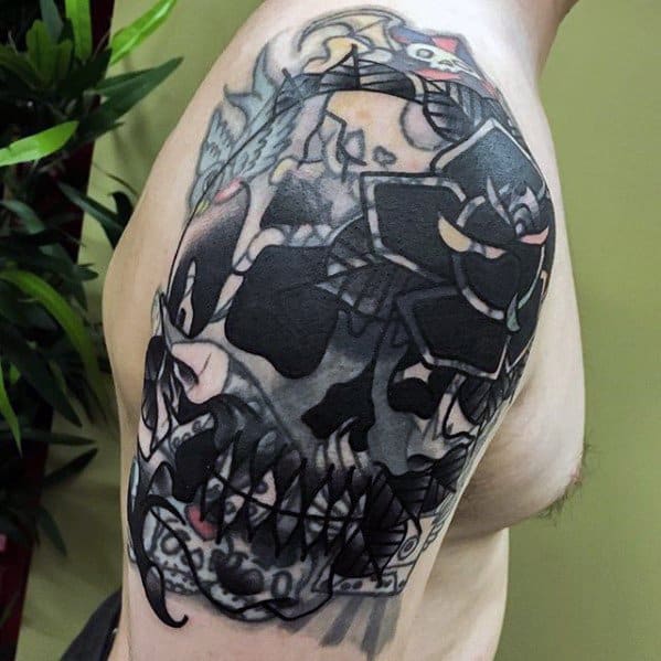 Mens Cool Skull Upper Arm Blast Over Tattoo Ideas