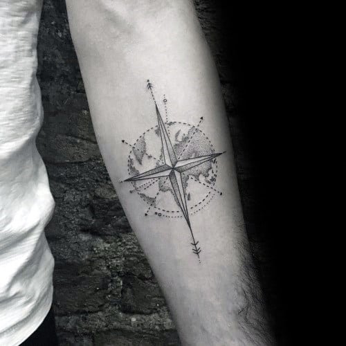 Mens Cool Small Globe Dotwork Compass Tattoos