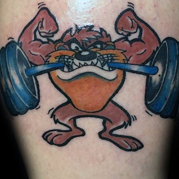 Mens Cool Tasmanian Devil With Weights Arm Tattoo Ideas