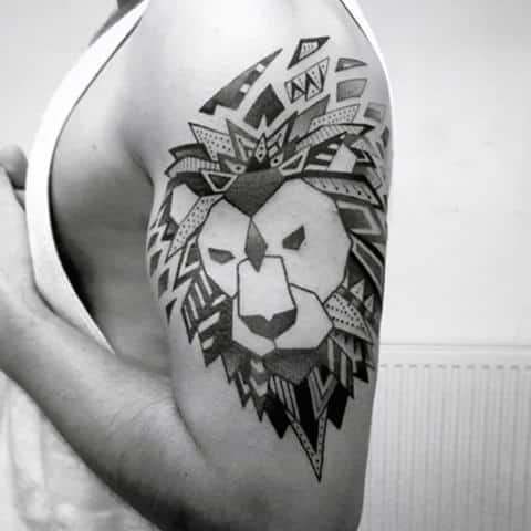 Mens Cool Tribal Geometric Lion Tattoo Design Inspiration On Arm