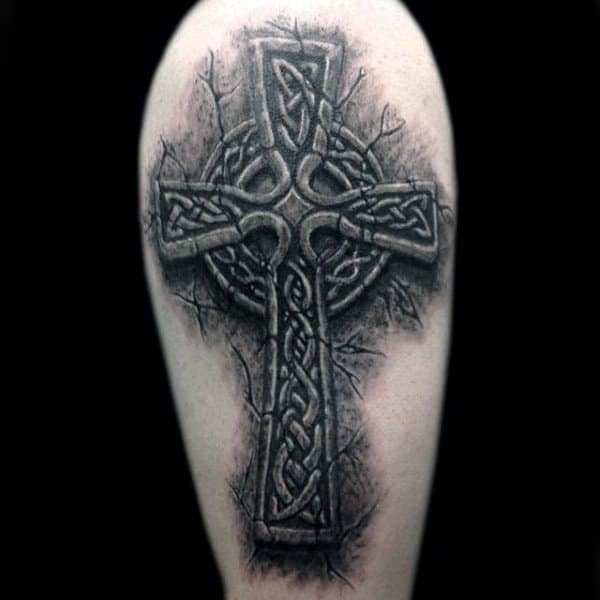 Mens Cracked Stone Celtic Cross Black And Grey Upper Arm Tattoo