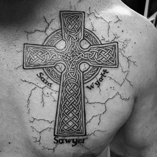 Mens Cracked Stone Celtic Cross Chest Tattoo