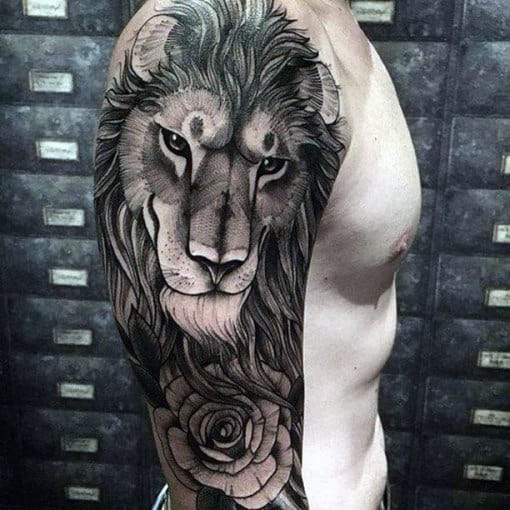 Mens Creative Lion With Rose Flower Half Sleeve Tattoos