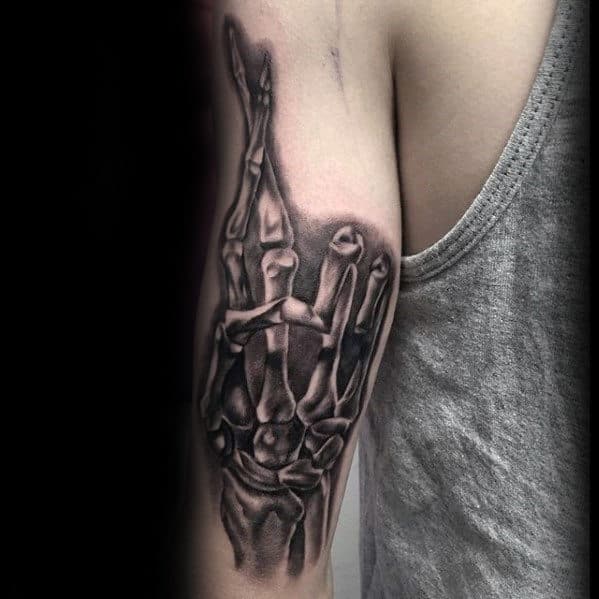 Mens Crossed Fingers Skeleton Hands Back Of Arm Tattoo