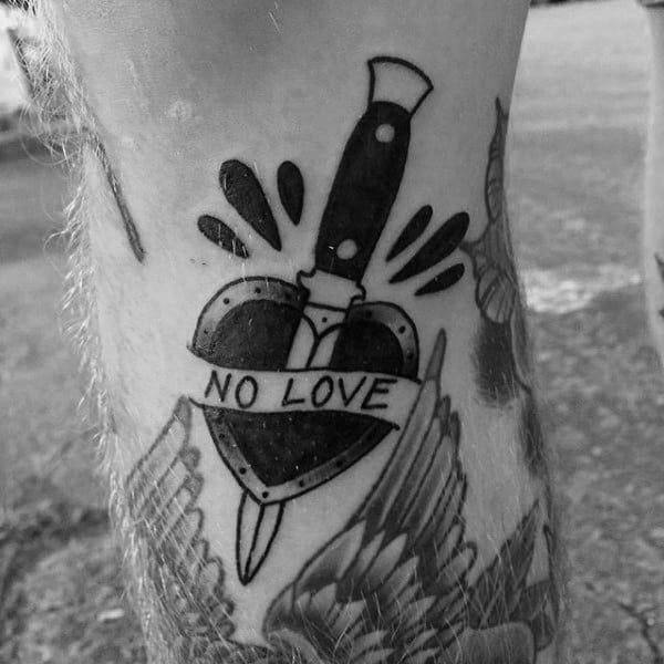 Mens Dagger Through Heart Traditional No Love Banner Leg Tattoos