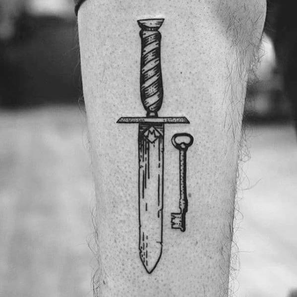 Mens Dagger With Key Simple Leg Tattoo