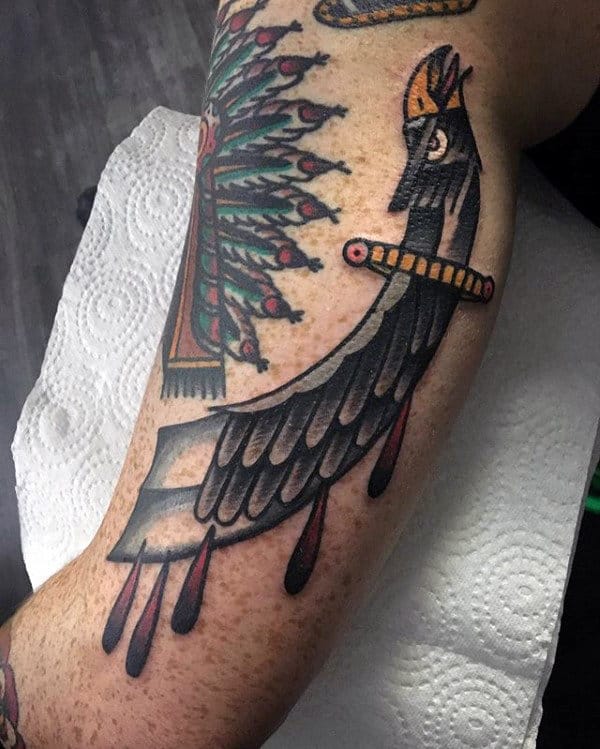 Mens Dagger With Wings Traditional Leg Tattoo